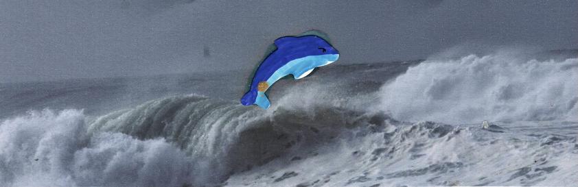 a strip photo of a breaking wave.
the wave and sky are a dull steel-grey blue.
in the middle a cutout dolphin has been glued , leaping from the wave
the dolphin has been colored deep blue on top and light blue underneath
a black eye has been drawn on, looks determined
somehow a bit of gold glitter-glue made its way just above the tail
