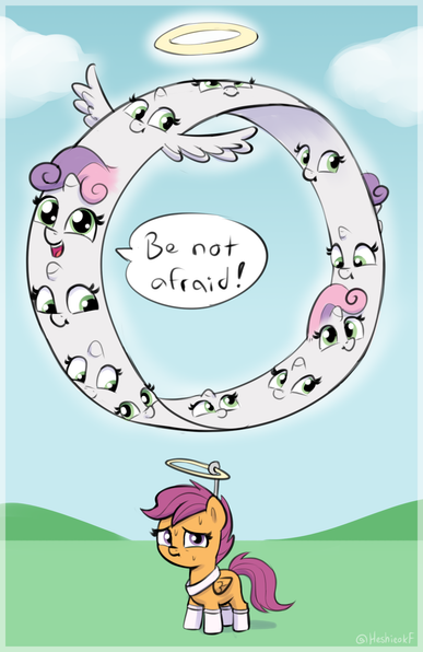 Scootaloo has much to worry about Biblically Accurate Sweetie Belle besides that her costume is better, by HeshiokF on Twitter