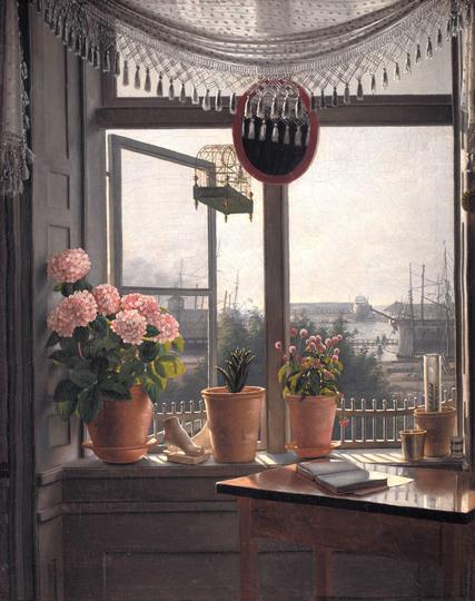 Åbenstående vindue med udsigt over havn. I vindueskarmen står blomster i forskellige grader af blomstring. Foran vinduet hænger et fuglebur med en lille fugl.

Martinus Rørbye, Udsigt fra kunstnerens vindue, 1823-1827.