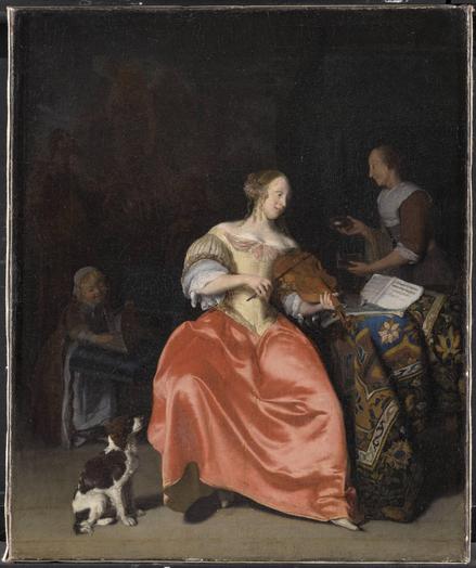 Siddende ung kvinde i rød kjole spiller violin. En hund sidder ved hendes fødder.

Jacob Ochtervelt, Ung kvinde, der spiller på violin, 1668.