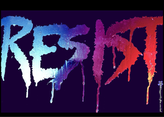 Meme: Black background: multicolor blue, violet, orange, red metallic font appearing like dripping paint. Text reads, “RESIST”
