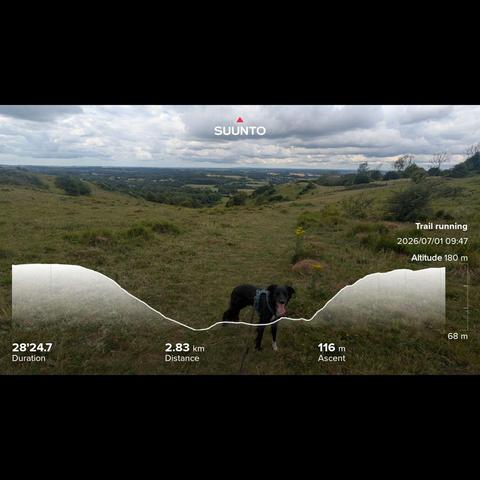 Looking out over the south downs and a small valley called the devil's kneading trough towards the English channel which just about can be seen in the distance. My running stats imprinted on top