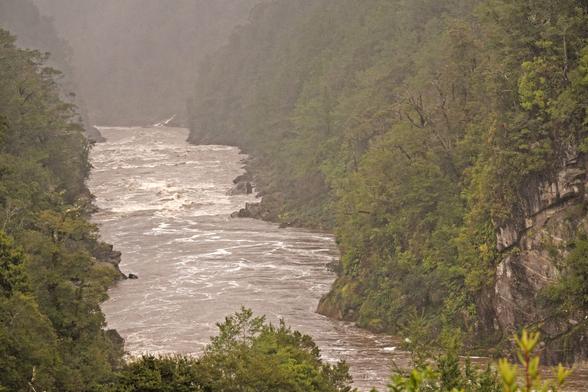 Looking down the Mōkihinui, there is a lot of water and some whitewater.