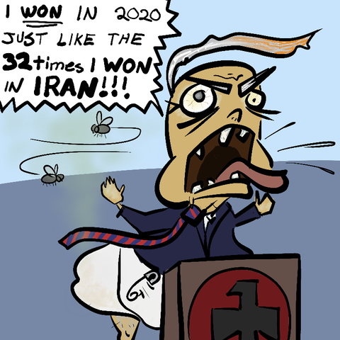 A drawing of a raging old imbecile screaming about how he won in 2020 just like the 32 times he won in Iran (so far)