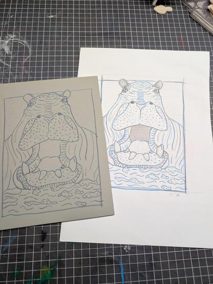 The same drawing, traced onto a lino block.