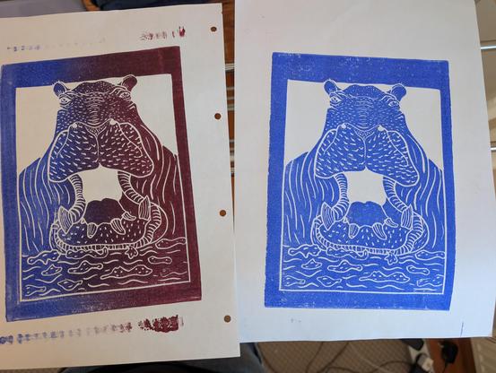 Two experimental prints, one of them blue, one with a blue/dark-red gradient. My first gradient print!