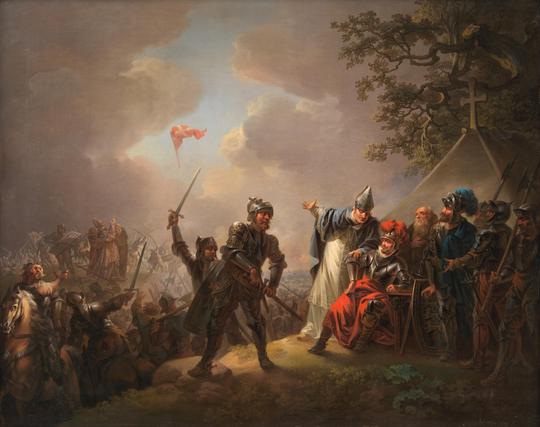 Affotografering af C.A. Lorentzen, Dannebrog falder ned fra himlen under Volmerslaget ved Lyndanisse (Tallin) i Estland den 15. juni 1219, 1809.