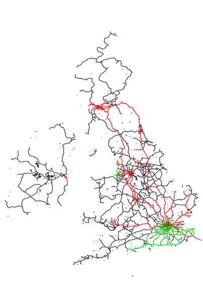 A map showing the British and Irish rail network with line coloured by electrification scheme: black indicates no electrification, red 25kV Overhead Line Electrification (OLE), and green third rail DC.