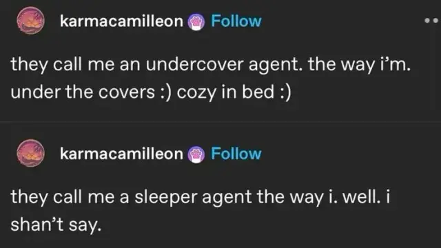 tumblr user karm‍acilleon:
they call me an undercover agent. the way i'm. under the covers :) cozy in bed :)
they c‍all me a sleeper agent the way i. well. i shan't say.