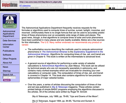 A screenshot of the mentioned page as displayed in August 2007. It looks like a very basic single column page with simple, mostly text vertical navbar on the left side. For more details, you can look at the actual archive.org capture (https://web.archive.org/web/20071014225235/http://aa.usno.navy.mil/faq/docs/rs_algor.php) for a more accessible version