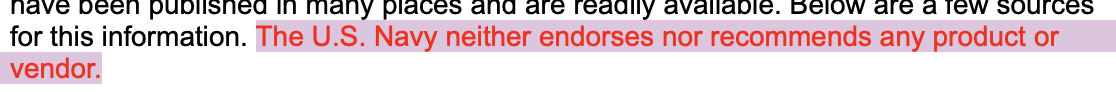 Screenshot of a website with the text "The U.S. Navy neither endorses nor recommends any product or vendor." highlighted and displayed in bright red text