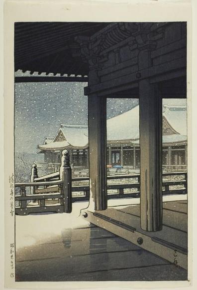 'Evening Snowfall at Kiyomizudera Temple' by Kawase Hasui, 1950, Color woodblock print (#ukiyoe), #Japan.
#BuddhistArt #Buddhism