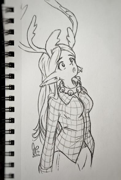 A pencil drawing from the hips up of my OC Reina, a caribougirl who's basically a woman with enormous antlers and long fuzzy ears. She's standing and peering up towards something ahead of her out-of-frame, and she has an astonished look on her face as if it's something mindblowing.
