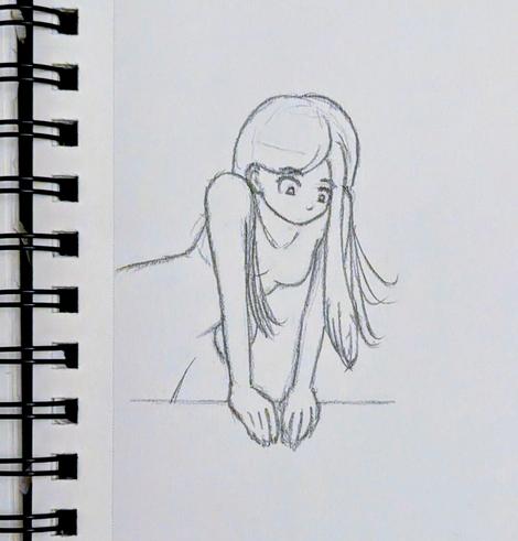 A pencil sketch from the waist up of a young woman peering over a ledge.