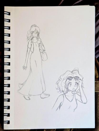 A pair of pencil sketches: One is a tall woman with hair in a high ponytail, wearing a light jacket over a long dress and carrying a purse. She's walking casually, but looking back behind her with a curious expression. 

The other is a bust of a woman with big wavy hair, wearing a tank top. She has sunglasses which she's lifted up away from her eyes, as she peers ahead at something out-of-frame, and she has a shocked/amazed look on her face.