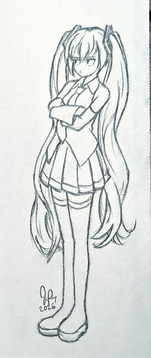 A sketchy line drawing of Hatsune Miku, with very long side ponytails, and in her usual vest and miniskirt attire. She's standing with arms crossed, looking out-of-frame, with a very grumpy/pouty expression on her face.