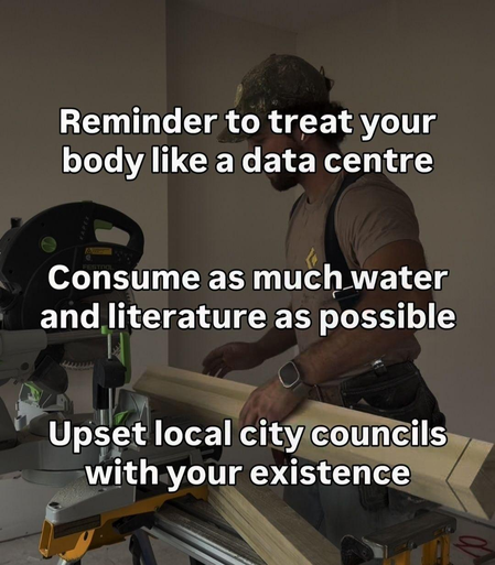 Meme showing a man using a miter saw while woodworking. Overlaid text reads: “Reminder to treat your body like a data centre. Consume as much water and literature as possible. Upset local city councils with your existence.”