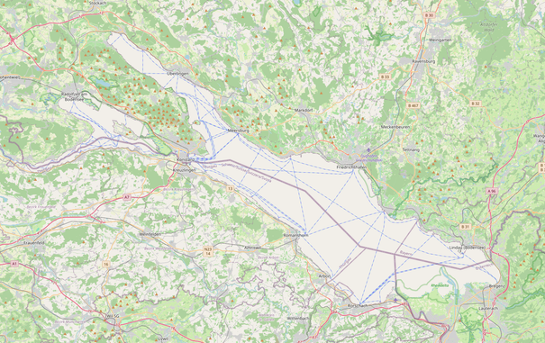 A screenshot of Lake Constance on https://openstreetmap.org/ where the whole lake is rendered with a default beige background instead of the blue of all other lakes/waterways.