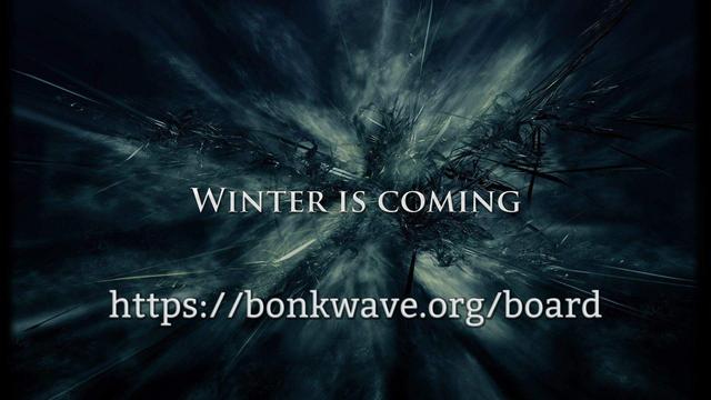Dramatic ice-green spikes coming out of the centre of a dark picture with the words "Winter is Coming" across the centre. See https://bonkwave.org/board for details.