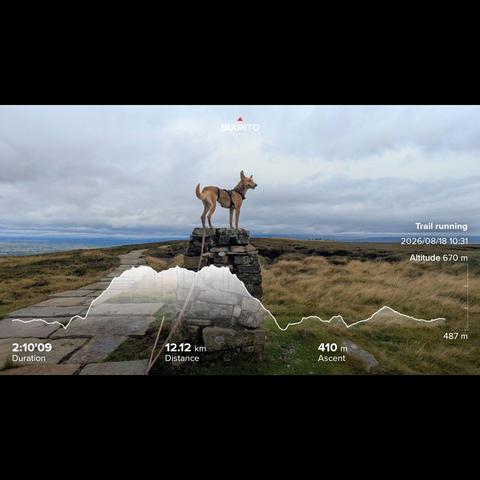 Penny standing on a trig point next to a Yorkshire stone slap footpath, grey low clouds in the background with a hint of rain soon to come in the air. My running stats imprinted on top