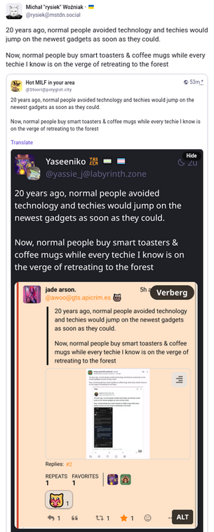 A screenshot of a post by @rysiek@mstdn.social containing the exact same text as this post, which is itself quote-posting a post containing the same text, which is itself screenshotting a post containing the same text, which is screenshotting a post containing the same text, which is screenshotting a post containing the same text.