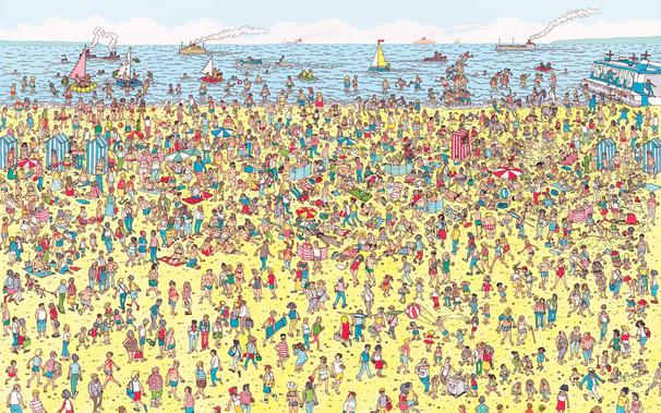Ein Waldo-Wimmelbild mit sehr vielen Menschen an einem Strand.