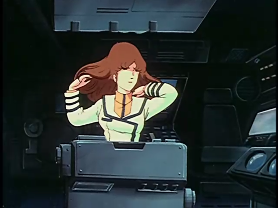 Another shot of Misa Hayase, now standing at a bridge console. She has reached her hands behind her neck to lift and spread out her long, voluptuous hair—either to detangle it, or just to show off.