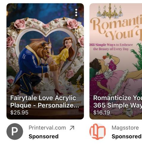 A YouTube ad from Printerval.com tries to sell a “Fairytale Love Acrylic Plaque” for $26. The image they use shows Beauty and the Beast Disney characters. But these figurines are not in a Disney approved pose. Belle is naked from the waist down and leaning forward. The Beast is kneeling behind her and licking her ass.
