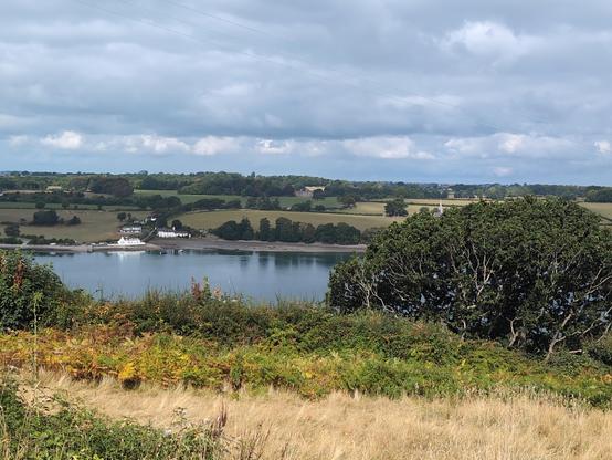 Looking across the Menai Strait to Moel-y-don, a small village on the shore on the Anglesey side with several white houses reflected in the water of the strait.