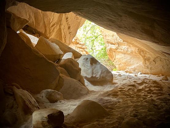 Photo taken from inside a cave in the American Southwest. The viewer faces a sunlit opening framed by the darker geometry of the cave’s slanted ceiling, while individual smooth, rounded rocky structures border the left two-thirds of the area and a sandy floor softens the center & right edge, leading to the opening. Colors range from light buff to deep tawny brown, with a hint of pale green from a tree centered in the bright opening.