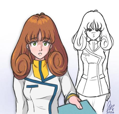 Two drawings of Misa Hayase, a character from the 1982 anime, Super Dimension Fortress Macross. She's a woman in a sci-fi sorta military officer uniform, but most notable is her epic early '80s hairstyle, with long brown hair falling over her shoulders then curling up into large whorls.

The first drawing is from the waist up, fully coloured, in which she's looking at the viewer and passing forward a document, with a professional demeanor.

The second drawing is from the hips up, an uncoloured sketch (which I didn't bother to finish), in which she's standing stiffly as if in anger. Her piercing gaze is fixed on the viewer, and her face is scrunched in a frustrated, pouty expression—rather more cute than threatening.