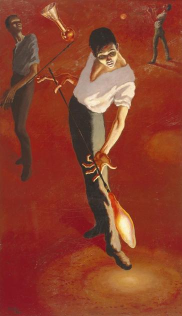 A stylised, attenuated figure of a glass blower with a blowing iron and gather of white molten glass on it. He stands twisting the iron in both hands to shape the glass, with light from the unseen furnace and white-hot glass lighting his face. In the background to the left and right there are two more glassblowers.
