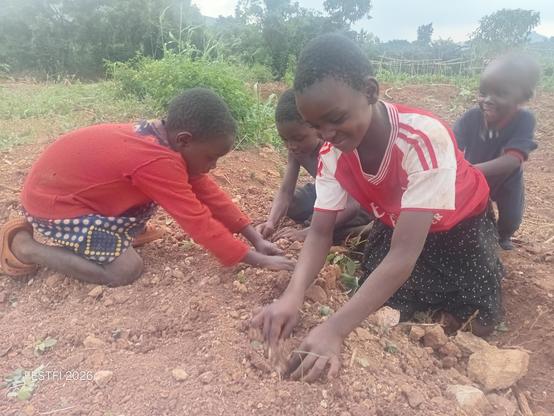 Children planting onions as a way of demonstrating what they have learnt in our training session.