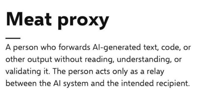 Definition-style graphic reading: “Meat proxy — A person who forwards AI-generated text, code, or other output without reading, understanding, or validating it. The person acts only as a relay between the AI system and the intended recipient.”