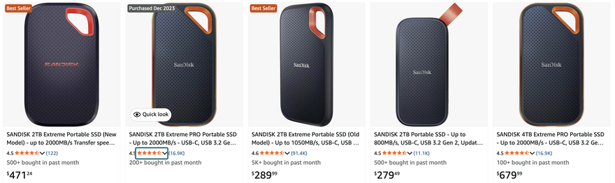 Amazon.com search showing 2TB flash drives at wildly inflated prices