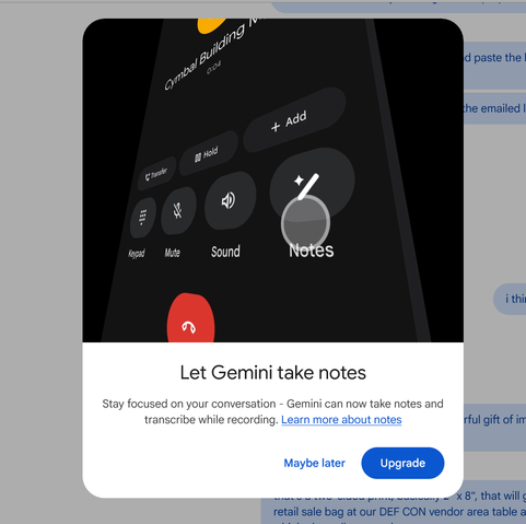 Screenshot from a Google Voice page where Goole's service is urging the user to "let Gemini take notes" in order to transcribe and summarize the conversation that is taking place.  Gemini is Google's AI product.