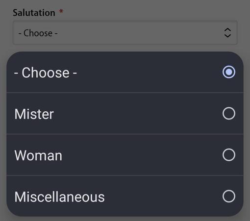 A pop-up menu for choosing one’s salutation. The options are “Mister”, “Woman”, and “Miscellaneous”