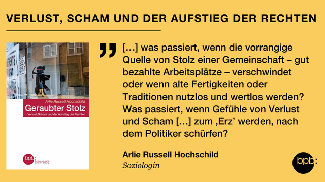Titel: Verlust, Scham und Aufstieg der Rechten
Darunter das Cover des Buches "Geraubter Stolz" der Soziologin Arlie Russell Hochschuld und ein Zitat der Autorin: "[…] was passiert, wenn die vorrangige Quelle von Stolz einer Gemeinschaft – gut bezahlte Arbeitsplätze – verschwindet oder wenn alte Fertigkeiten oder Traditionen nutzlos und wertlos werden? Was passiert, wenn Gefühle von Verlust und Scham (…) zum ,Erz’ werden, nach dem Politiker schürfen?"