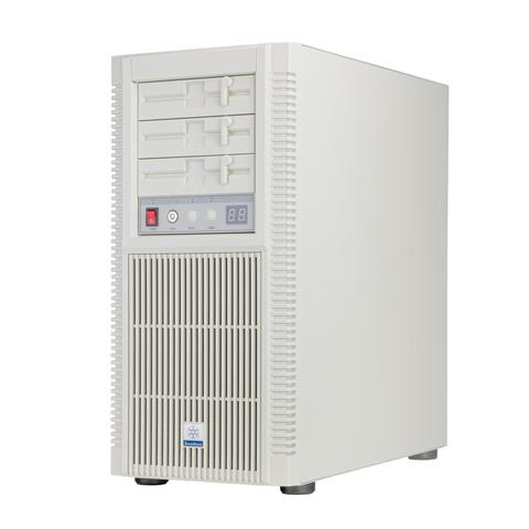 A fetching beige box computer case. It has almost all of the affordances one would expect of a case from 1993: 2×7-segment LEDs for displaying clock frequency, a barrel lock, a vertical grille, three 5 ¹∕₄″ drive bays with weird blanking plates that look like fake floppy drives, but... no 3 ¹∕₂″ bays!