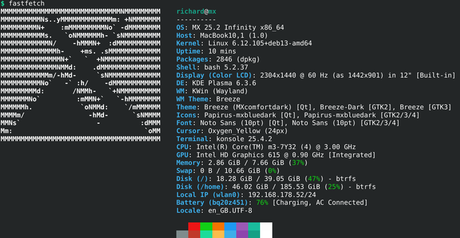 A screenshot of the outpout in a terminal window of the application fastfetch. It lists the specifications of the operating system and the computer itself.