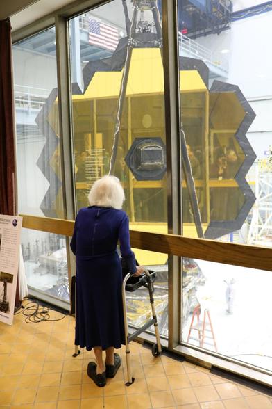Nancy Grace Roman with the James Webb Space Telescope

Dr. Nancy Grace Roman, NASA's first Chief of Astronomy, views the James Webb Space Telescope under construction at NASA's Goddard Space Flight Center in Greenbelt, Maryland, on March 31, 2017.

Credit: NASA/GSFC/Jim Jeletic