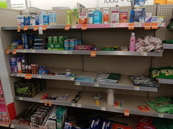 A picture of a discount section of an aisle in Walgreens, where discounted items are (seemingly intentionally and strategically) comingled with full-price items.