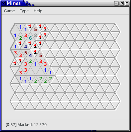 A game of Mines in progress on a grid of equilateral triangles.