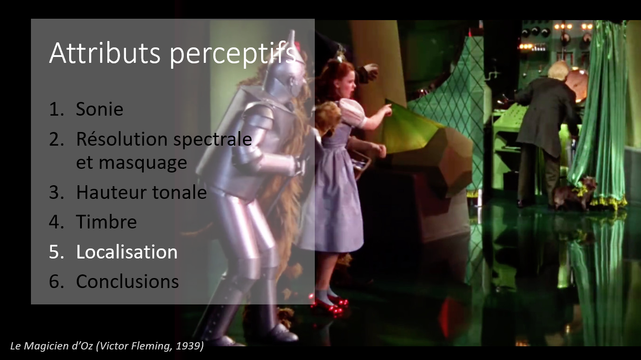 Slide de titre du chapitre "localisation". En illustration, Dorothy qui pointe vers le Magicien d'Oz, caché derrière un rideau vert.