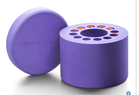 A purple foam freezing vessel. labeled corning cooler.