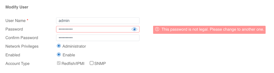 Supermicro IPMI screenshot: the password field says “This password is not legal.”