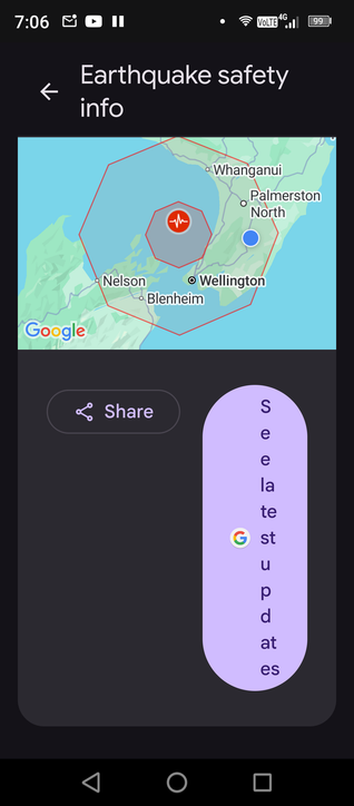 Earthquake alert with "See latest updates" squished illegibly into a 2 character wide button 11 lines high.