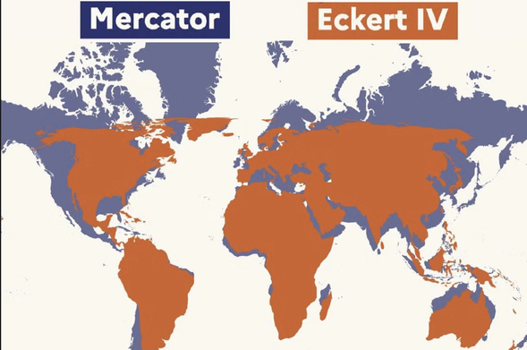 The Mercator Projection map, the one used for hundreds of years, overlaid with the Eckhart IV, an Equal Earth projection. On the Mercator, landmasses are exaggerated in size as we move away from the equator.