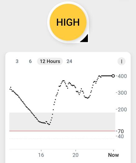 Screenshot of a graph showing time on the x-axis and blood sugar levels, in mg/dL, on the y-axis. The time period is 12 hours. The graph starts off at 300 mg/dL at around 1200, trends down to about 100 at around 1700, and then climbs back up to the maximum the meter reads at 400 mg/dL by 2200, where it has stayed since. A large yellow circle is above the graph with black words "HIGH" written within it (although with a downright-facing arrow indicating that the level is coming down at least).