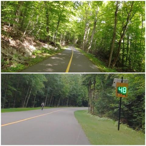 Two stacked photos:

1) A winding paved pathway through a lush forest.

2) On the tree-lined Parkway, a paved road with a cyclist approaching on the opposite side of the road, and an automated speed monitor showing me at 48KM/H.